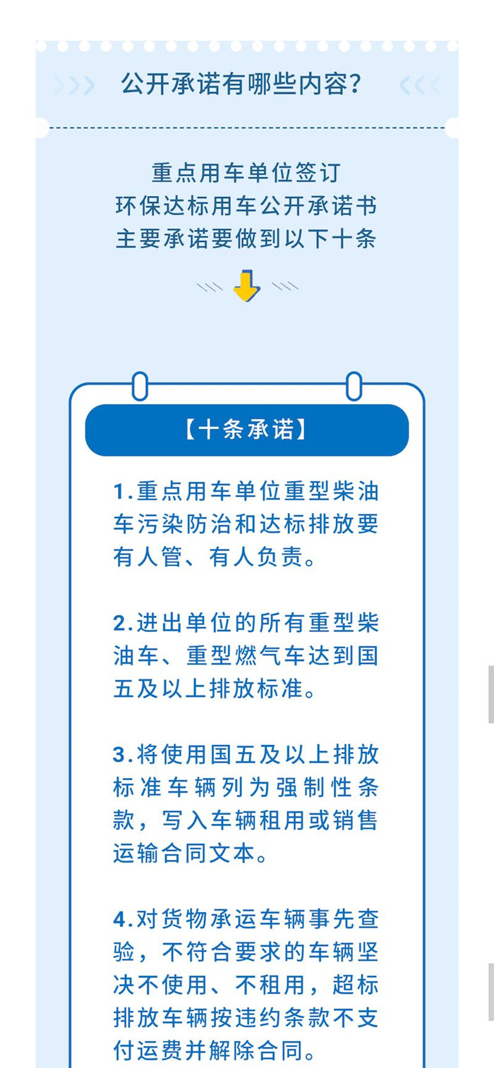 近日，河北省生態(tài)環(huán)境廳印發(fā)《關(guān)于加快建立重點用車單位重型柴油車污染防治責(zé)任制和環(huán)保達標保障體系的通知》，制定了《重點用車單位環(huán)保達標用車公開承諾書（樣本）》。