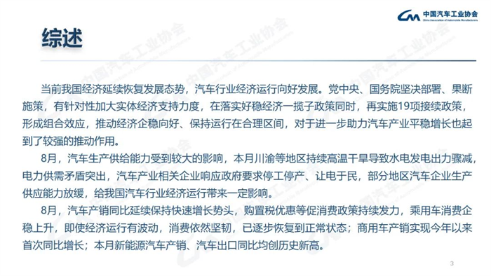 8月，雖受南方限電、疫情多發等不利因素影響，汽車產銷總體完成情況良好。本月產銷量雖比上月略有下降，但同比仍呈現高速增長。本月汽車產銷分別完成239.5萬輛和238.3萬輛，環比分別下降2.4%和1.5%，同比分別增長38.3%和32.1%。目前行業持續保持良好發展態勢，并有望繼續延續。