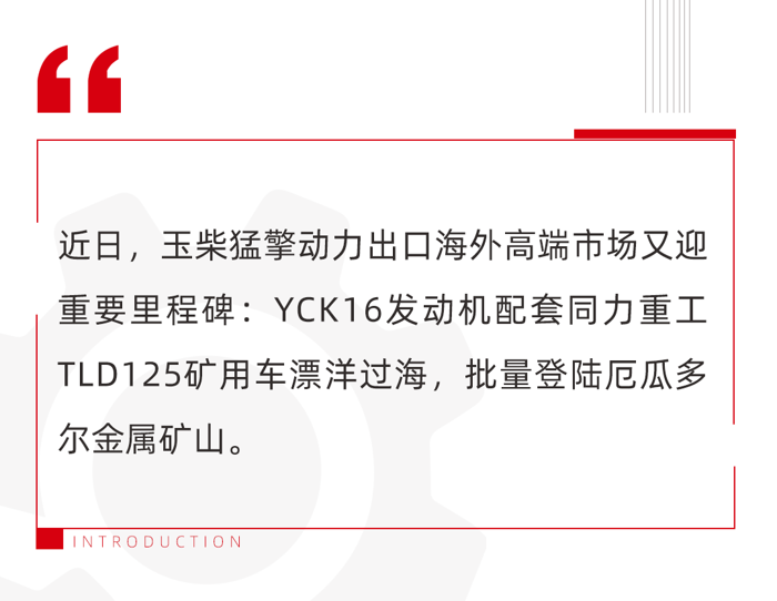 南美作為全球有色金屬礦的重要產(chǎn)區(qū)，是國際礦山機械企業(yè)的必爭之地。近幾年，搭載玉柴重機的寬體車等設(shè)備陸續(xù)遠(yuǎn)銷巴西、秘魯、智利、墨西哥、烏拉圭等多國。此次TLD125礦用車在厄瓜多爾的批量銷售，為玉柴重機進(jìn)一步拓展南美市場奠定了堅實基礎(chǔ)